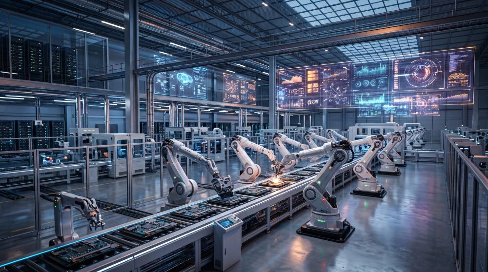 A sleek, modern automated production line with robotic arms operating in a brightly lit, clean digital factory environment.