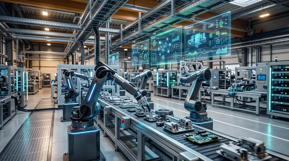 Industrial smart factory floor with automated robotic arms and interconnected digital twin displays showing real time production analytics.
