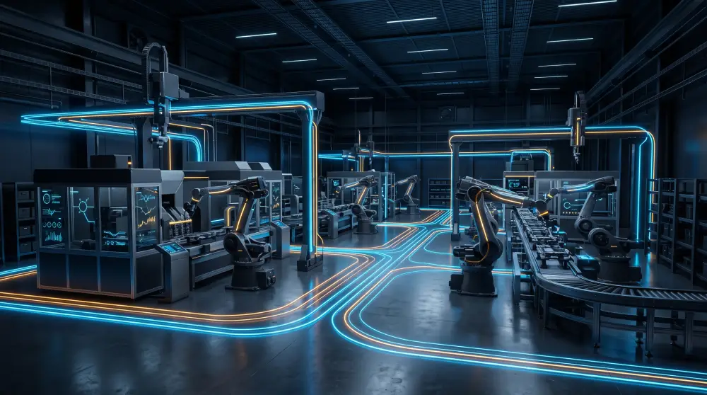 A clean and ultra modern smart factory floor utilizing dark metallic tones and glowing neon blue data lines running between automated robotic arms and server racks.