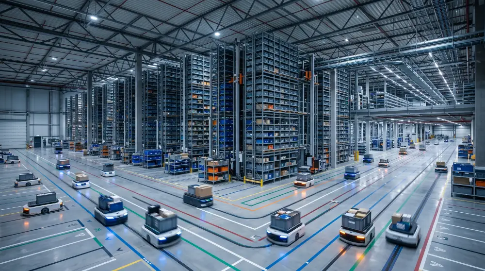 A sleek and highly automated modern warehouse facility featuring autonomous mobile robots moving inventory across the floor under vertical shelving units.