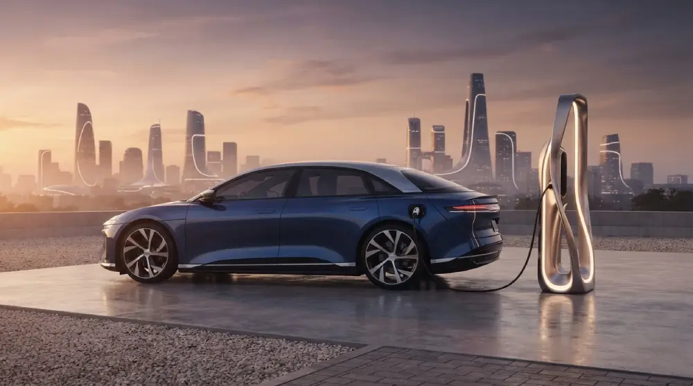 Electric vehicle charging at a modern outdoor station with a city skyline in the background