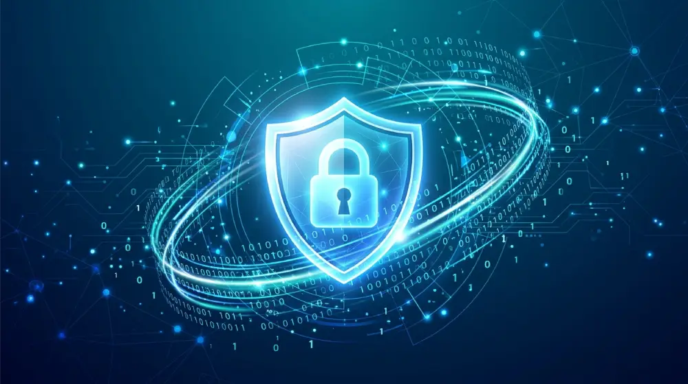 Digital illustration of a glowing shield and padlock representing data privacy and online data protection.