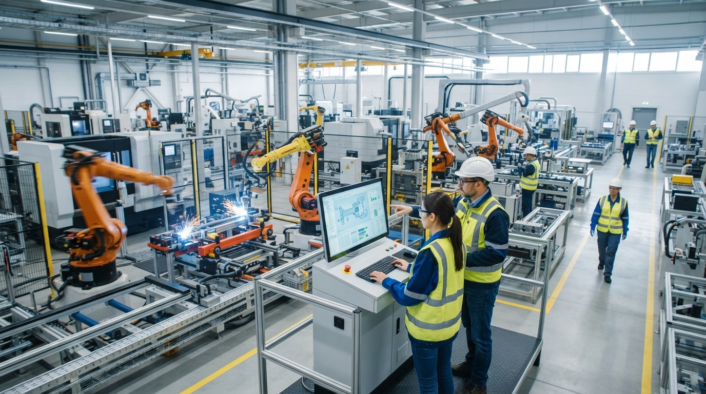 Modern manufacturing factory floor with robotic automation and workers monitoring digital control panels