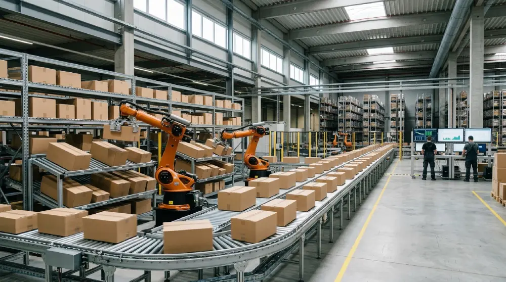 Automated warehouse with robotic systems representing modern logistics industry trends