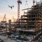 Modern construction site with cranes and workers building a high rise structure, representing current construction industry trends.