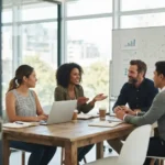 Diverse professionals discussing startup growth strategy in a modern office meeting room