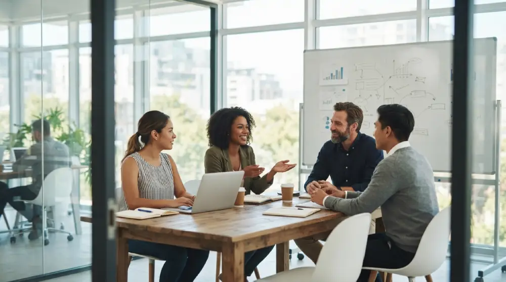 Diverse professionals discussing startup growth strategy in a modern office meeting room