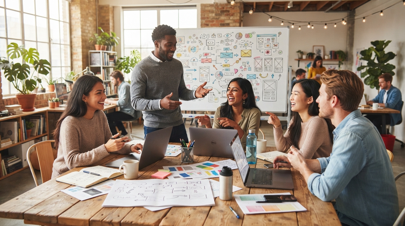 Diverse entrepreneurs collaborating on new startup business ideas in a modern workspace