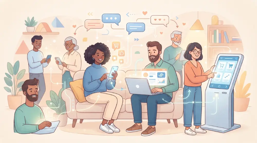 Illustration of diverse customers connecting with a brand across digital devices, representing modern customer experience trends.