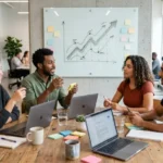 Diverse team of entrepreneurs collaborating in a modern startup office while planning business growth