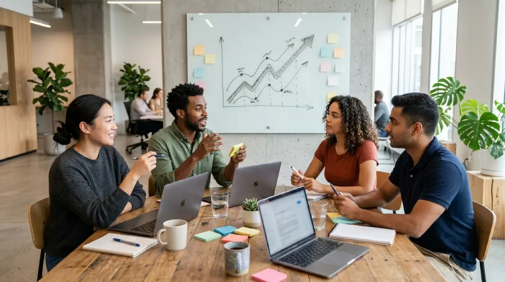 Diverse team of entrepreneurs collaborating in a modern startup office while planning business growth