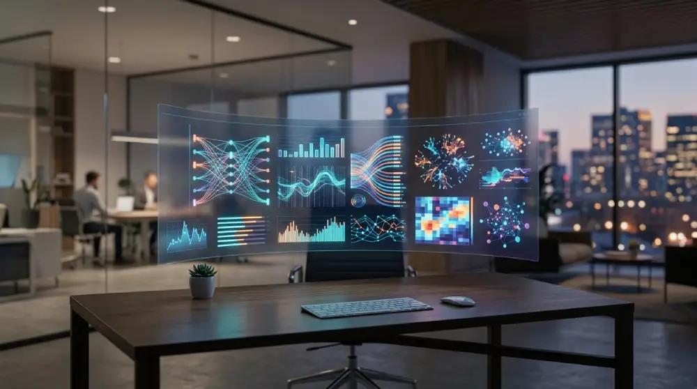Digital dashboard displaying colorful data charts and graphs representing business intelligence analytics.
