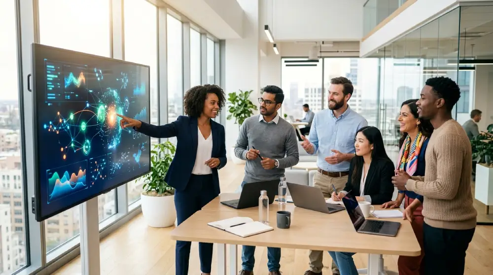 Sales team collaborating with digital data visuals representing modern sales technology in a bright office setting.