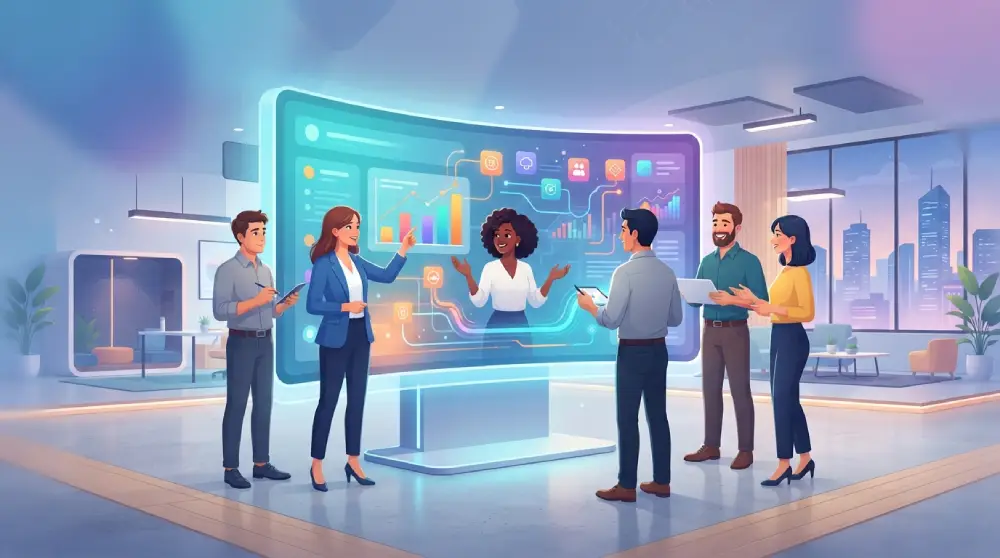 Marketing team using connected MarTech tools and data dashboards to plan and track digital campaigns