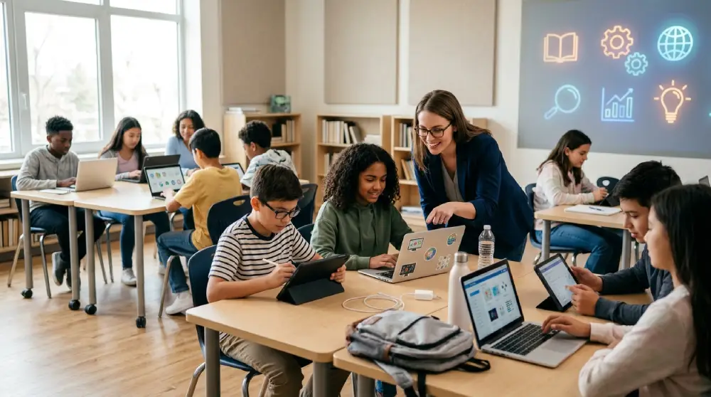 Students using digital devices in a modern classroom representing Education Technology (EdTech)