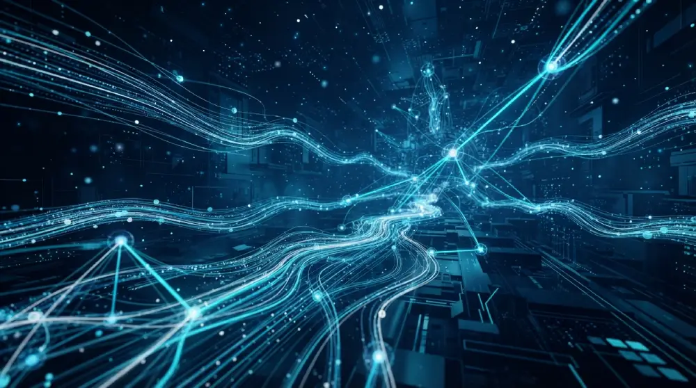 Abstract visualization of flowing data streams representing big data analytics and information processing.