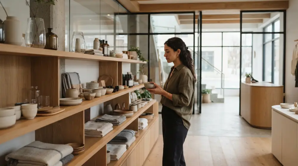 Modern retail store interior showing a shopper browsing neatly arranged products on minimalist shelves