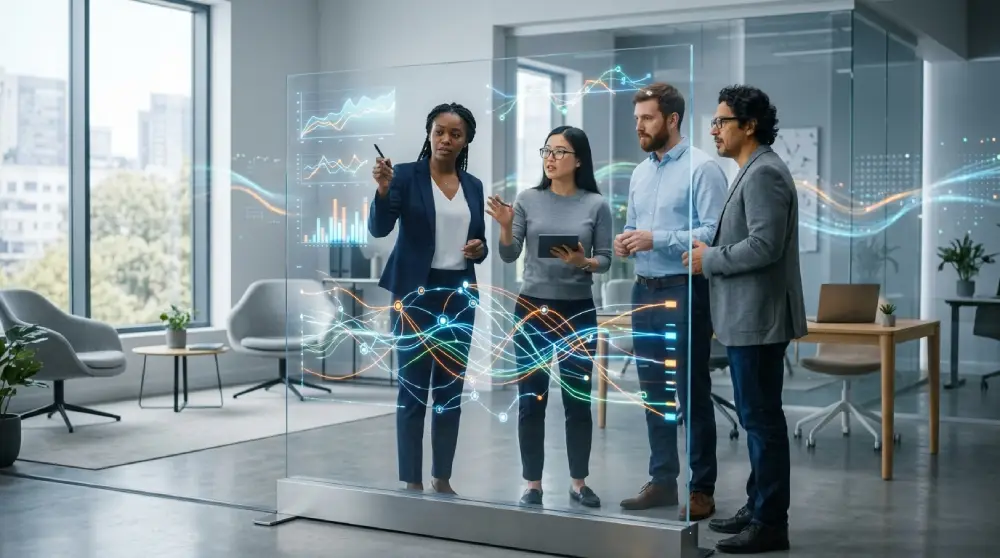 Team analyzing business data visualizations on a digital screen in a modern office