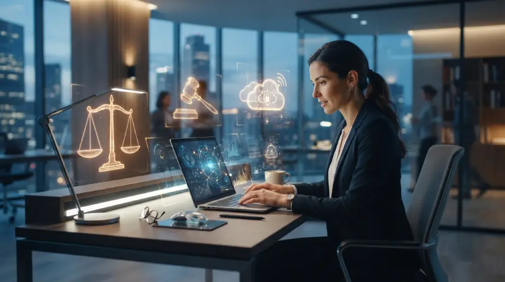 Lawyer using a laptop with digital documents and legal technology icons in a modern offic