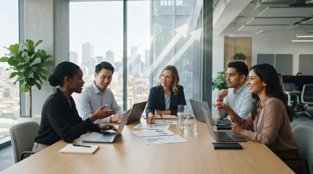 Team of professionals collaborating in a modern office to plan business growth strategies