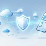 Digital illustration representing InsurTech with connected data networks and a shield icon symbolizing insurance technology