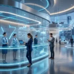 Futuristic banking technology concept showing digital financial data and modern bank interior