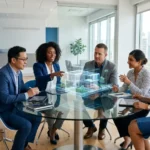 Real estate professionals viewing a digital 3D property model on a glass table, representing PropTech innovation
